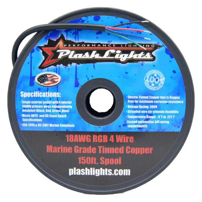 PlashLights 18awg RGB 4 Conductor Wire - 150ft Spool | PW-18/4-RGB