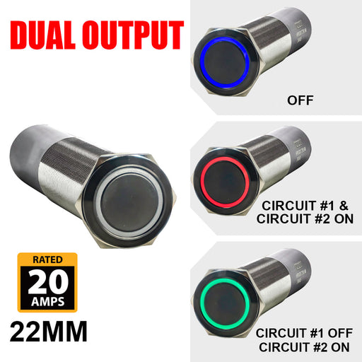 PlashLights REVERT Harsh Environment 22MM 3 Color Dual Output Push Button Switch - Black | HPBS-DO-22-BLK-M