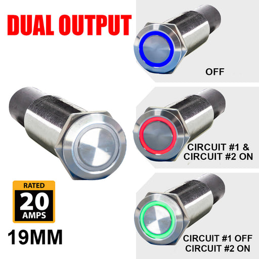 PlashLights REVERT Harsh Environment 19MM 3 Color Dual Output Push Button Switch - Stainless Steel | HPBS-DO-19-SS-M