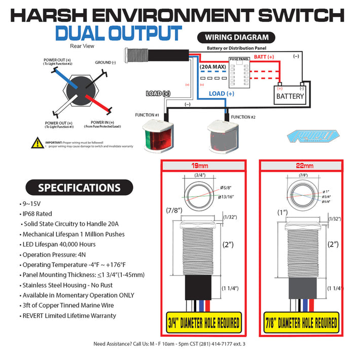 PlashLights REVERT Harsh Environment 19MM 3 Color Dual Output Push Button Switch - Stainless Steel | HPBS-DO-19-SS-M