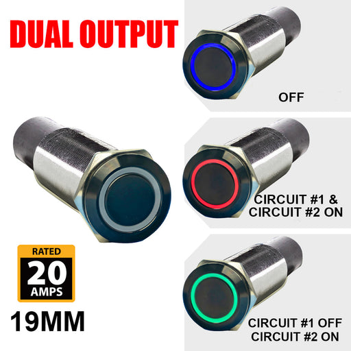 PlashLights REVERT Harsh Environment 19MM 3 Color Dual Output Push Button Switch - Black | HPBS-DO-19-BLK-M