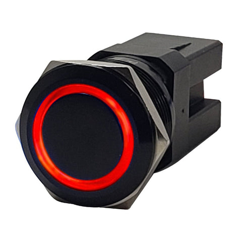 PlashLights Marine Push Button Switch - Red LED - 40a - Black Anodized- On/Off - Latching | PL22BLK-L-RD