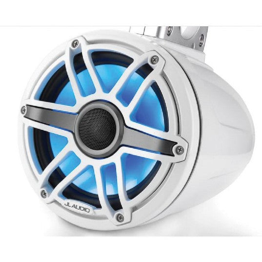 JL Audio M6-770ETXv3-Gw-S-GwGw-i 7.7" 100W RMS Enclosed Marine Tower Speakers with RGB LED Lighting, White Sport Grilles, Pair (010-03278-00)