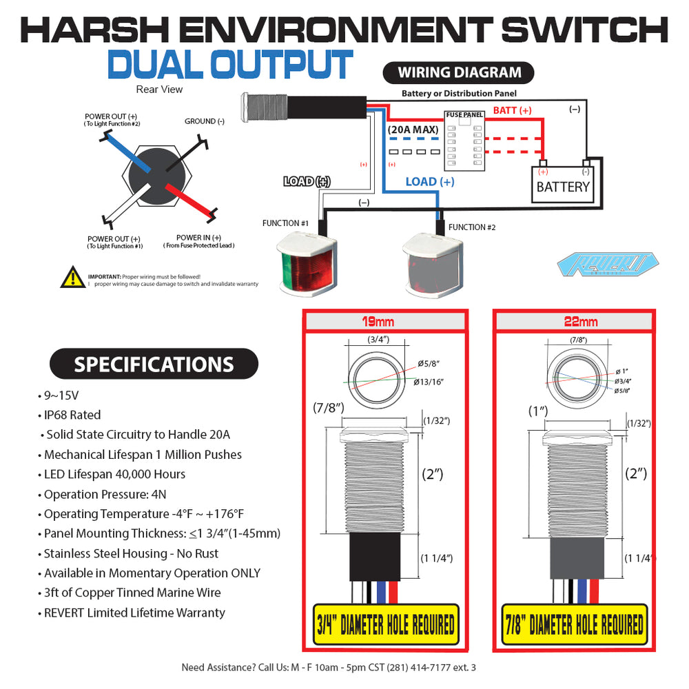 PlashLights REVERT Harsh Environment 22MM 3 Color Dual Output Push Button Switch - Stainless Steel | HPBS-DO-22-SS-M