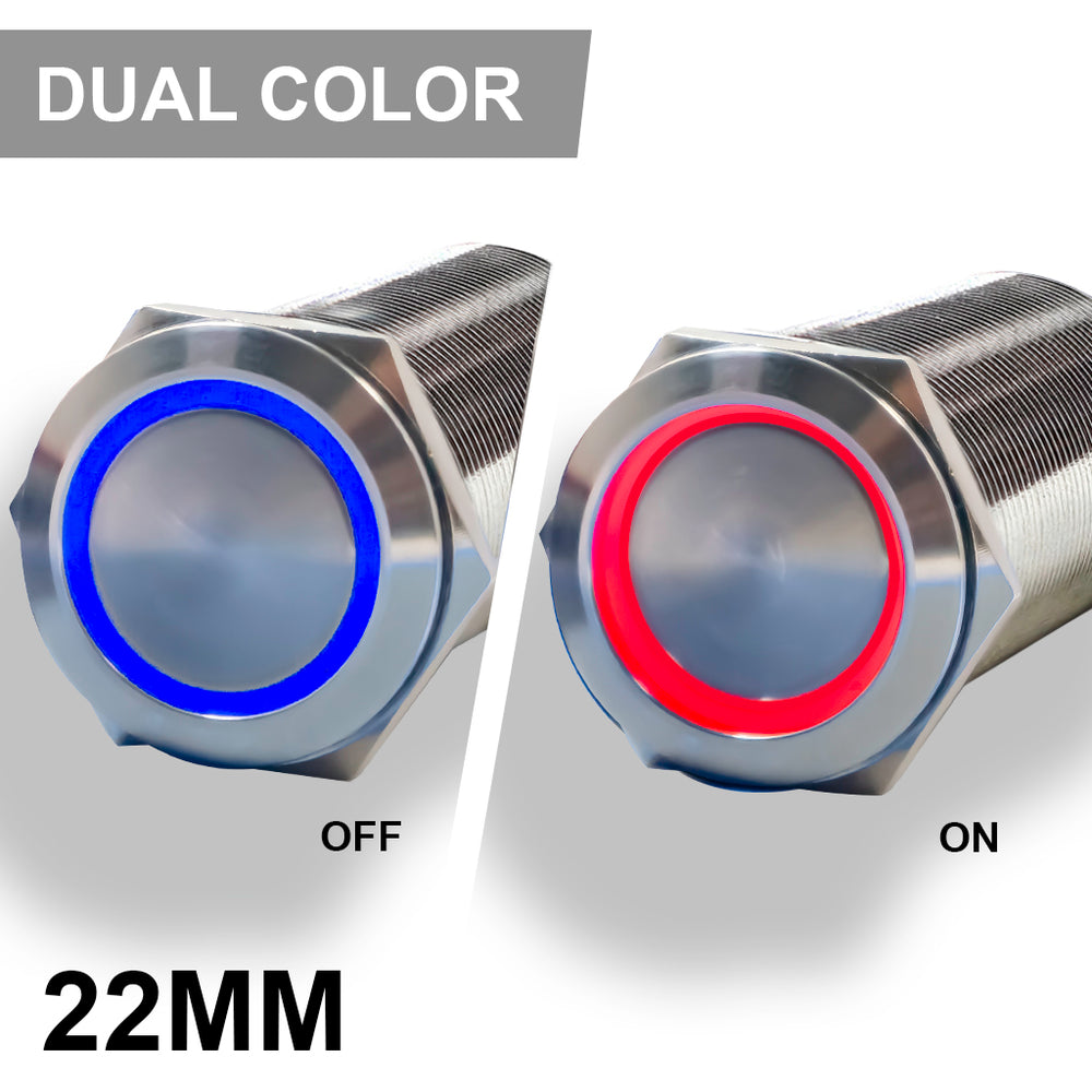 PlashLights REVERT Harsh Environment 22MM Dual Color Push Button On/Off Switch - Stainless Steel | HPBS-22-SS-L