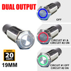 PlashLights REVERT Harsh Environment 19MM 3 Color Dual Output Push Button Switch - Stainless Steel | HPBS-DO-19-SS-M