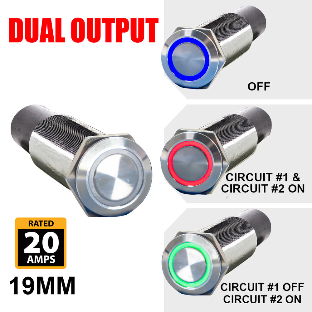 PlashLights REVERT Harsh Environment 19MM 3 Color Dual Output Push Button Switch - Stainless Steel | HPBS-DO-19-SS-M