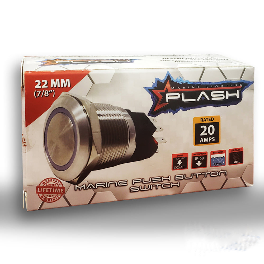 PlashLights Marine Push Button Switch - Blue LED - 40a - Black Anodized- On/Off - Latching | PL22BLK-L-BL