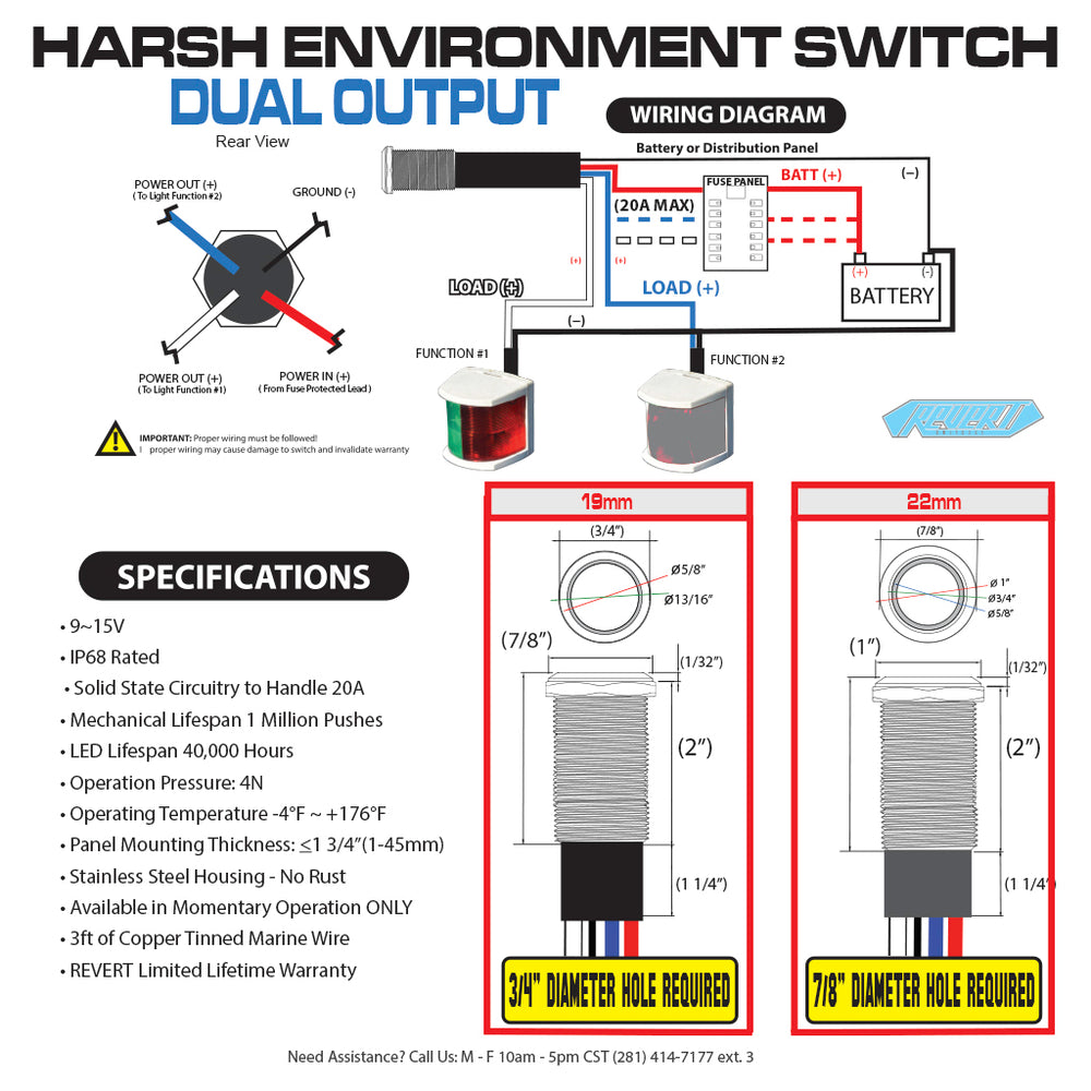 PlashLights REVERT Harsh Environment 19MM 3 Color Dual Output Push Button Switch - Black | HPBS-DO-19-BLK-M