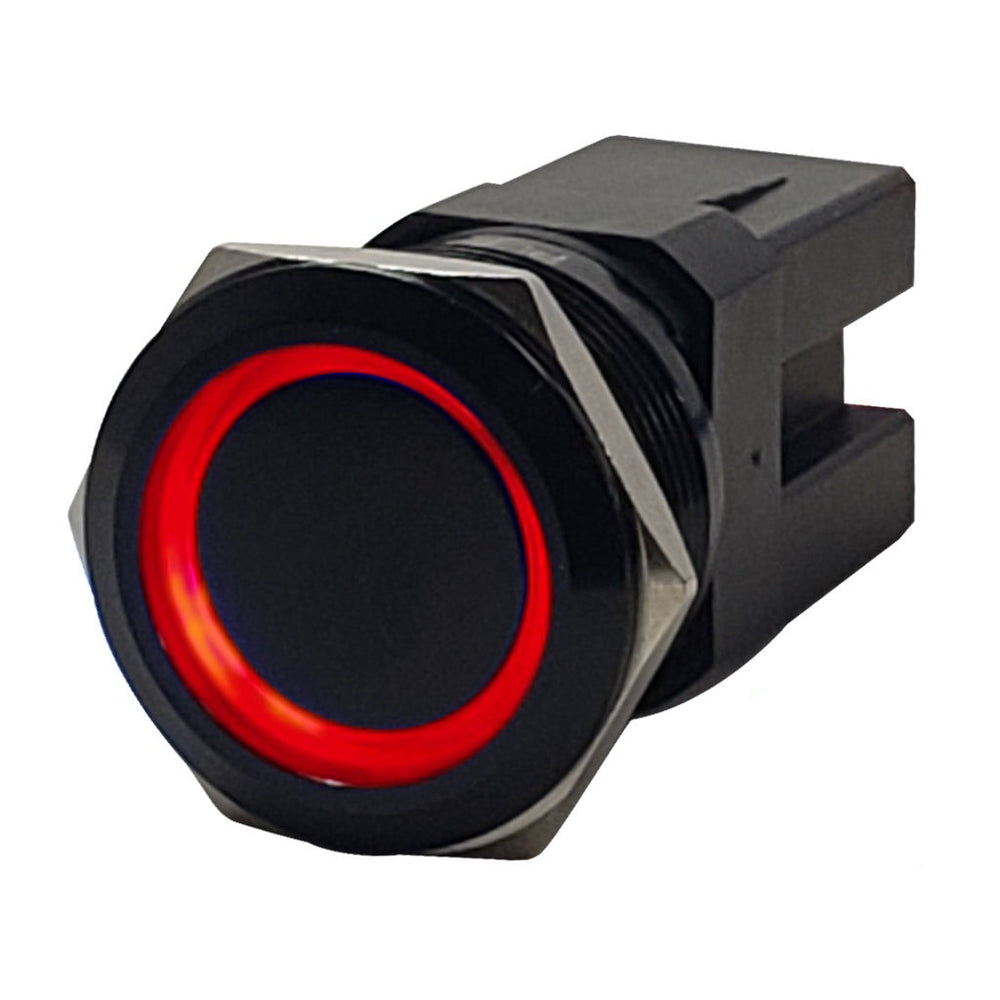 PlashLights Marine Push Button Switch - Red LED - 40a - Black Anodized- On/Off - Latching | PL22BLK-L-RD