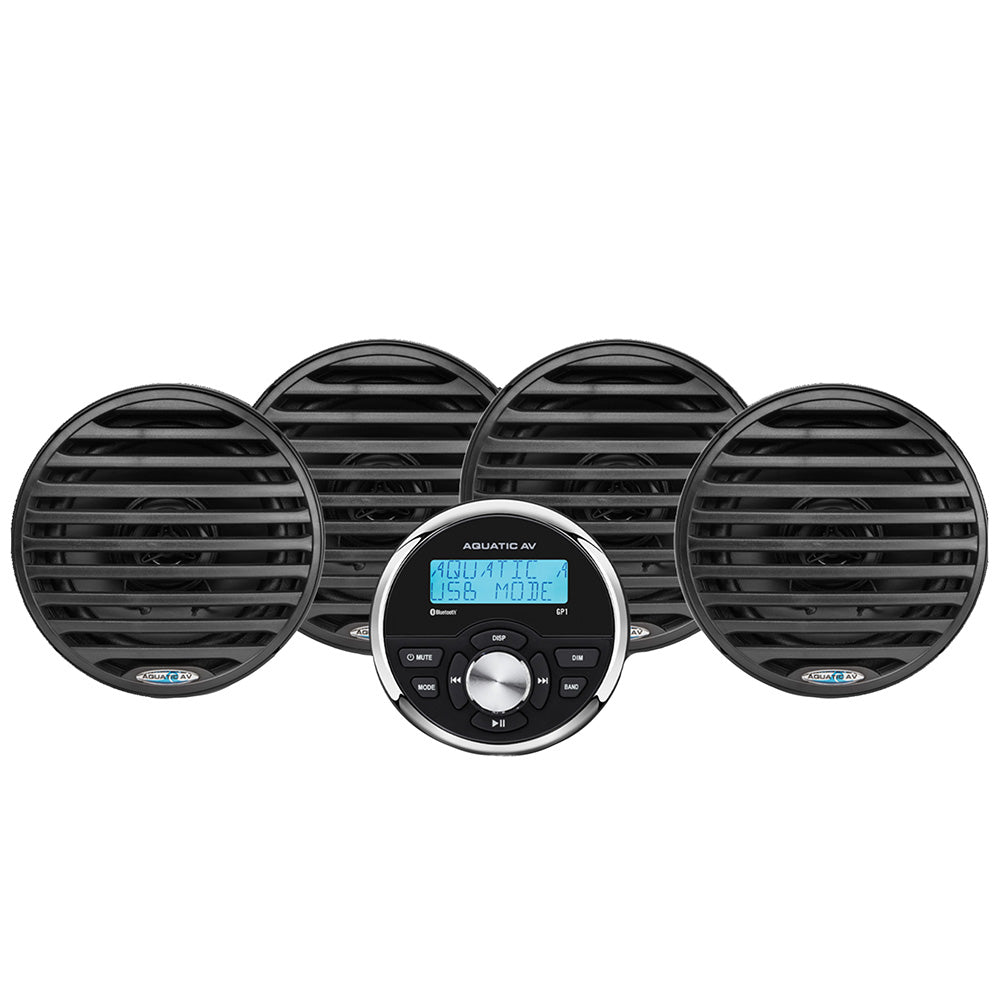 Aquatic AV EG100 Marine Stereo Kit: GP1 Bluetooth Gauge Stereo and 2 pairs of Black 6.5" Marine Speakers