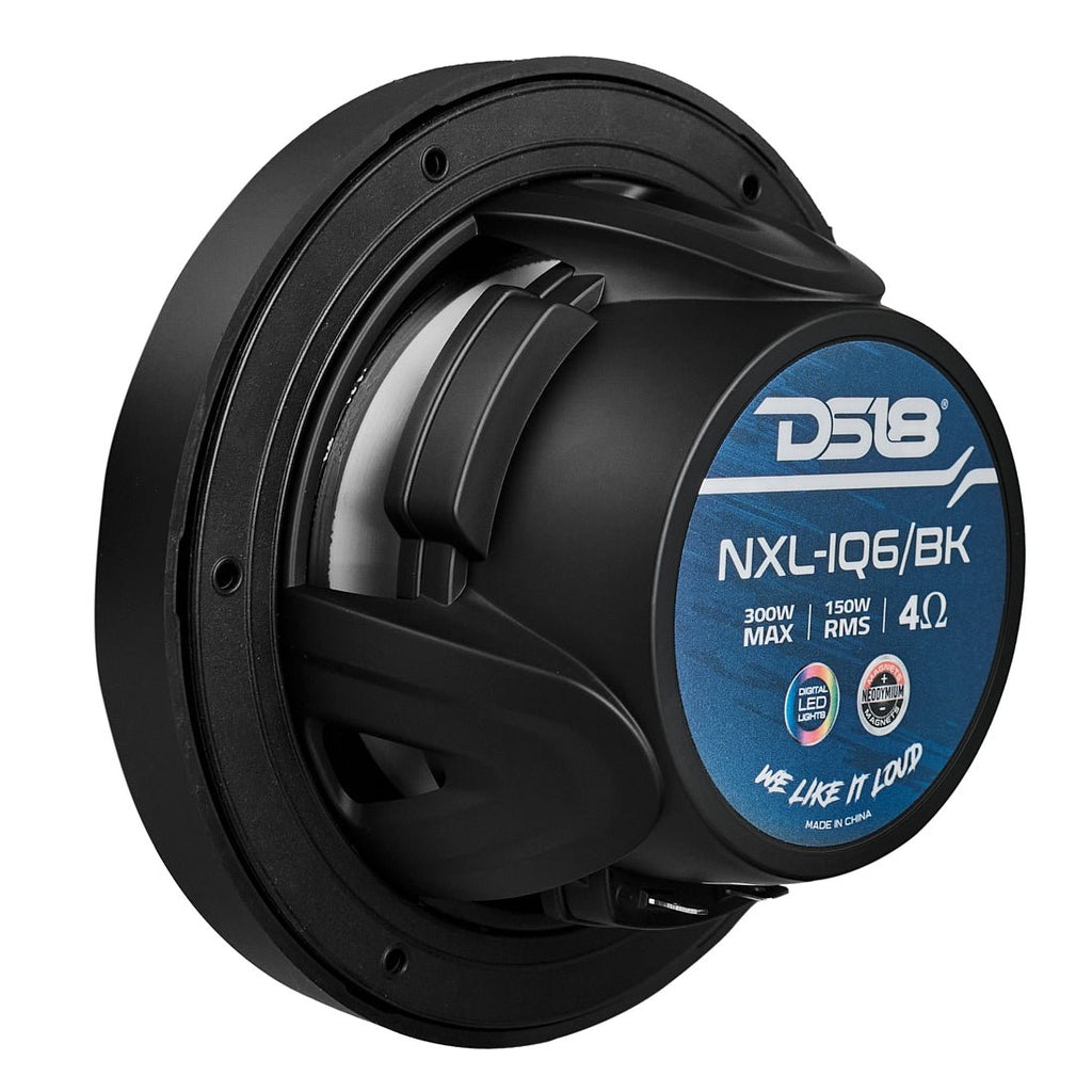 DS18 6.5" 2-Way Coaxial Marine Speakers with Digital LED Lights and Bullet Tweeter - Black - 150W, 4-Ohm (NXL-IQ6/BK)