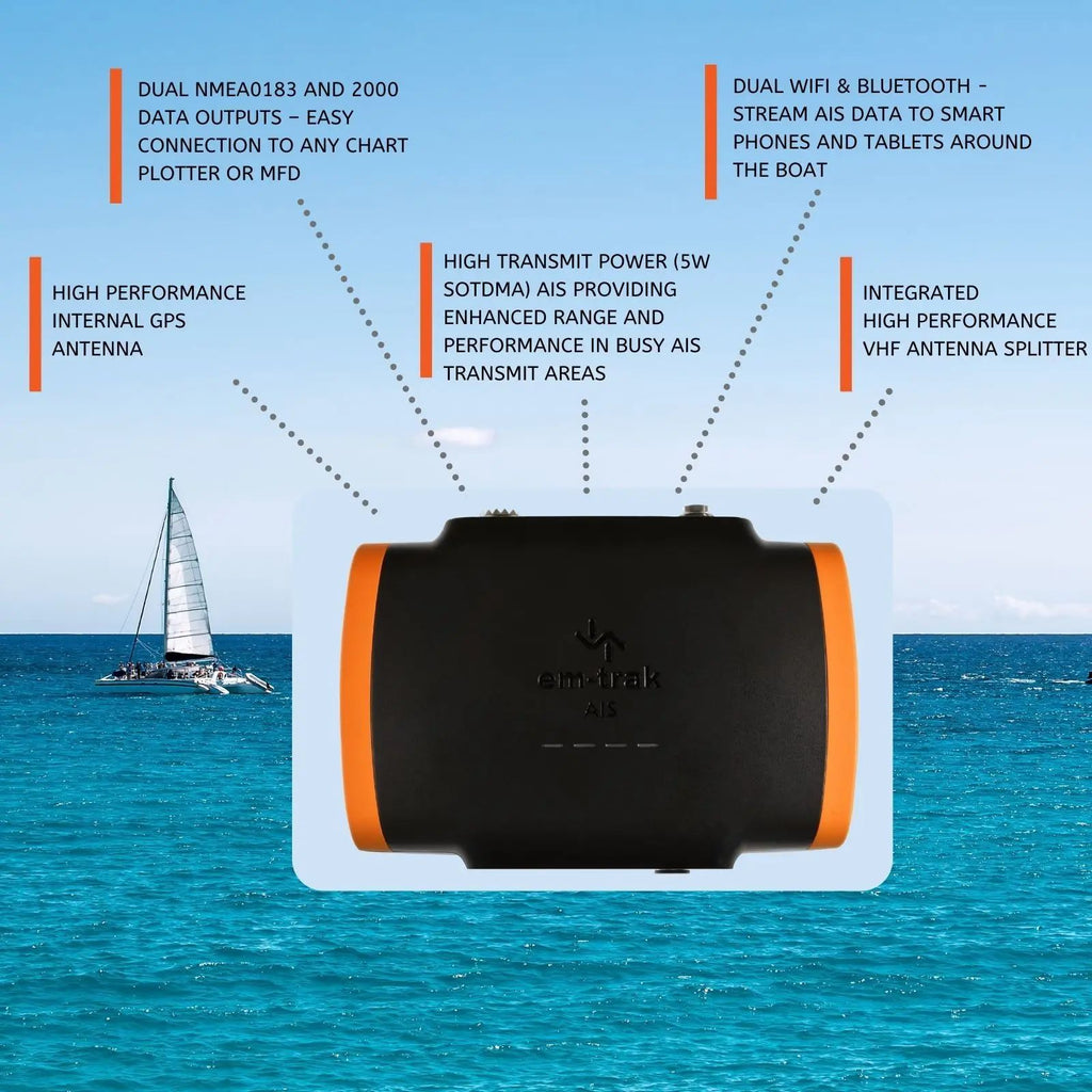 em-trak B954 5W SOTDMA Class B AIS Transceiver with Wi-Fi, Bluetooth, VHF Antenna Splitter and FLEXI-FIT Bracket (430-0015)