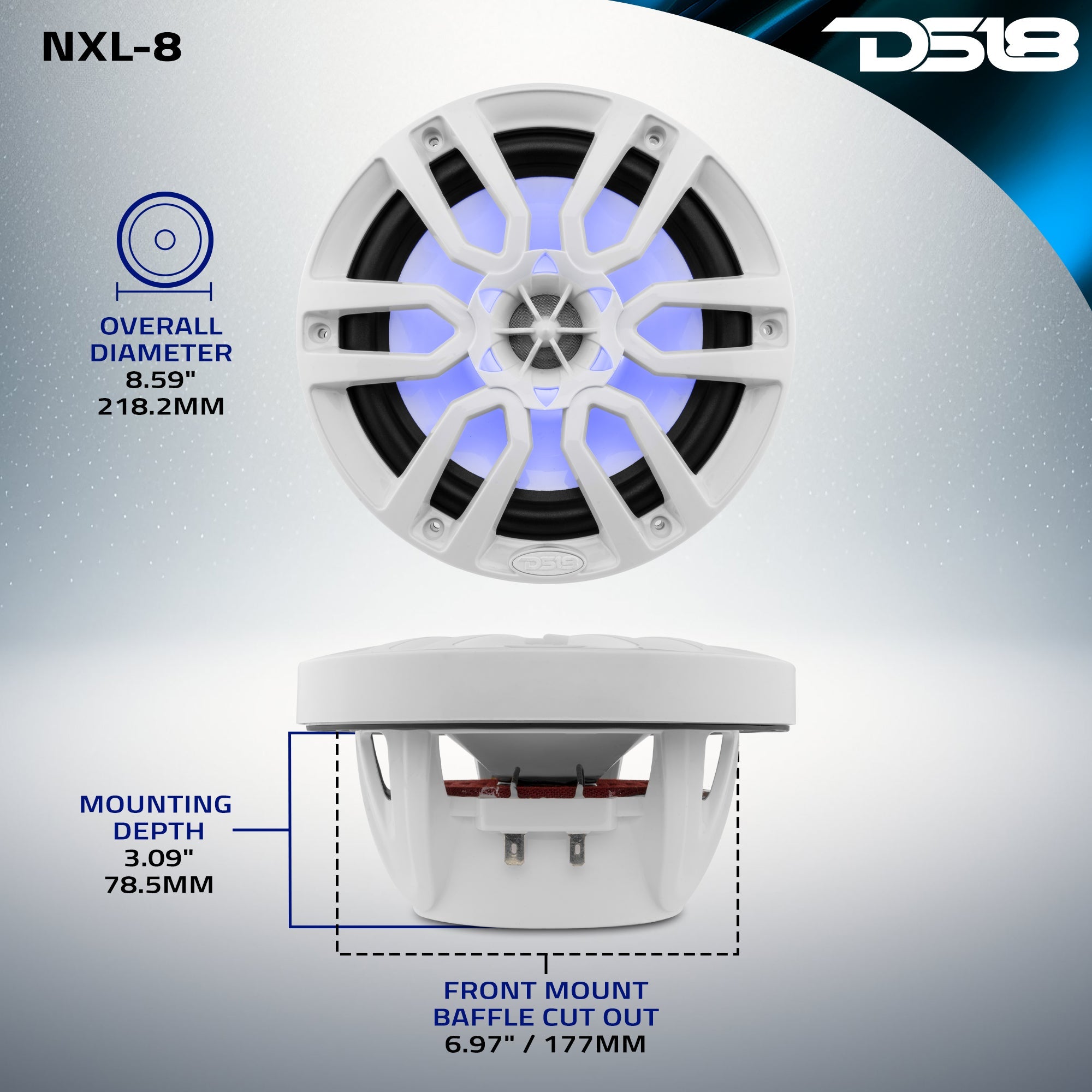DS18 HYDRO 8" 2-Way Marine Speakers with RGB LED Lights 375W - White (NXL-8)