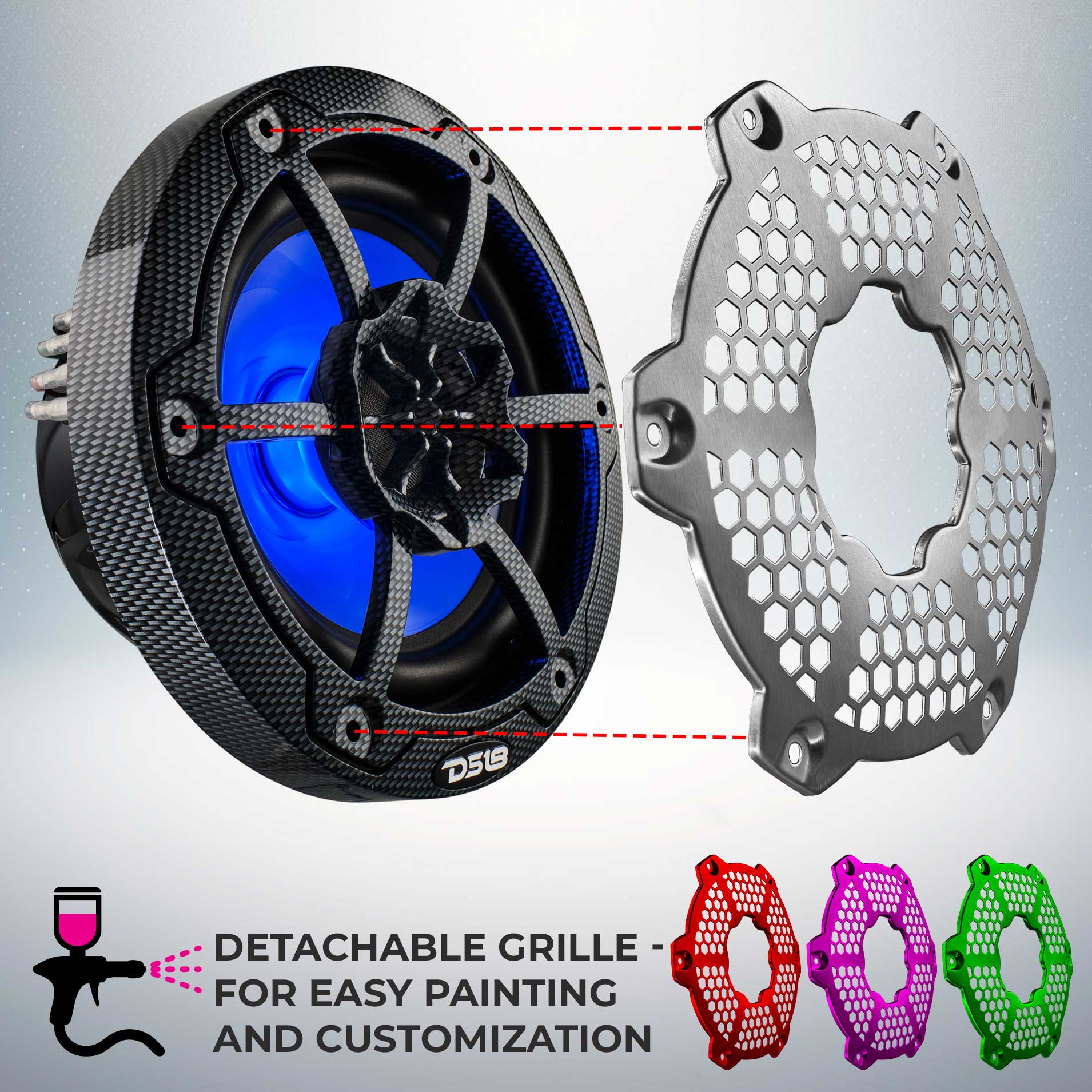 DS18 HYDRO 6.5" 2-Way Marine Speakers with RGB LED Lights 375W - Black Carbon Fiber (CF-65)
