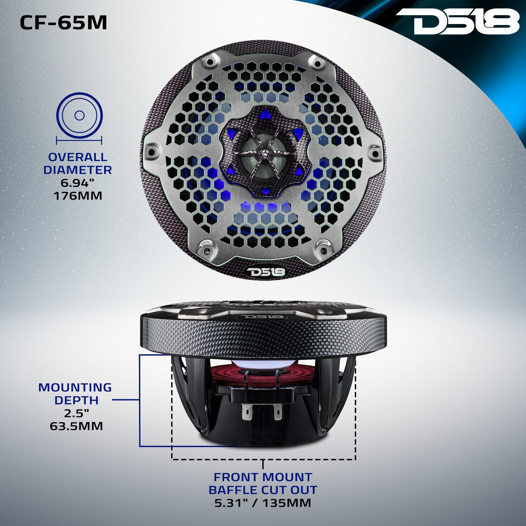 DS18 HYDRO 6.5" 2-Way Marine Speakers with RGB LED Lights 375W - Black Carbon Fiber (CF-65)