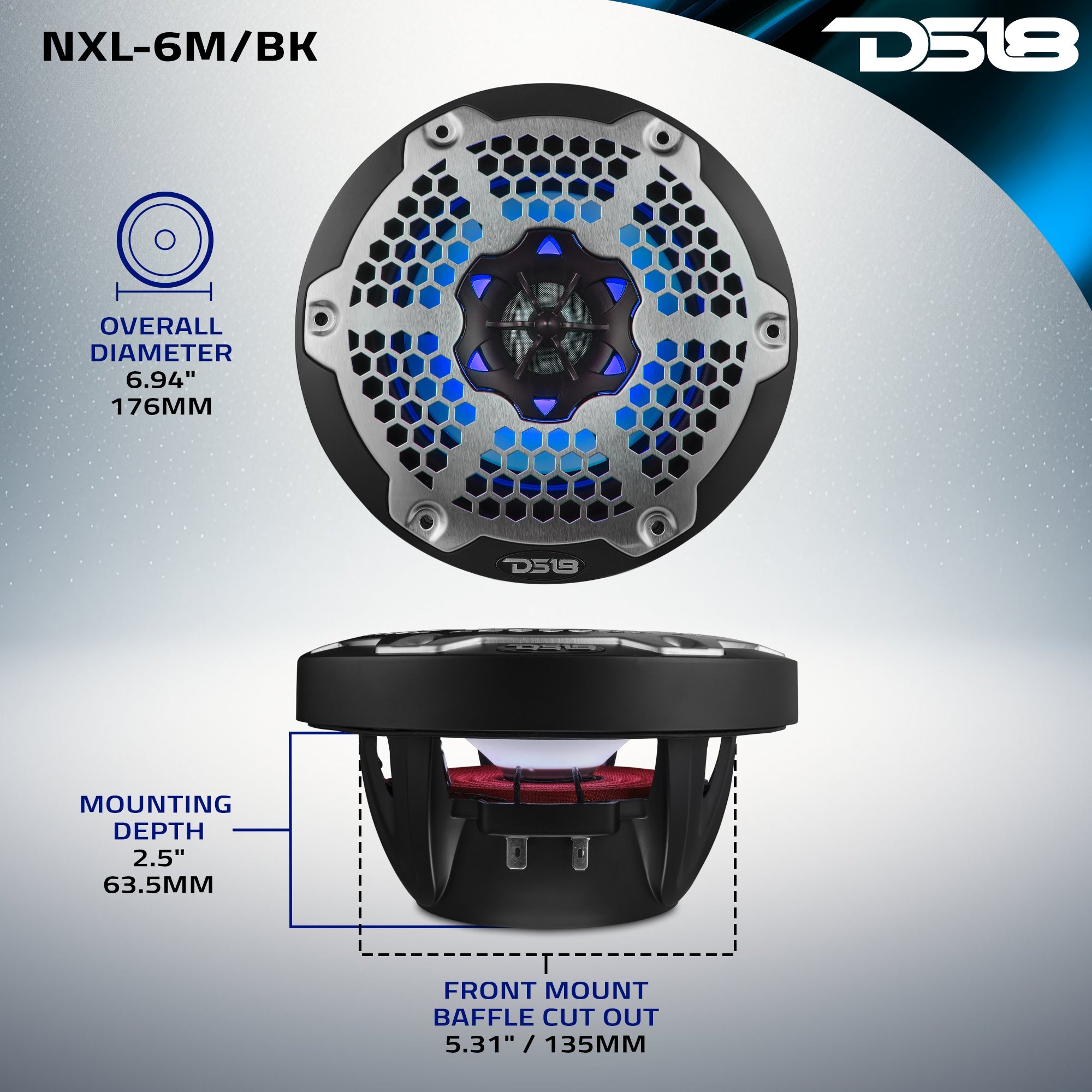 DS18 New Edition HYDRO 6.5" 2-Way Marine Speakers with RGB LED Lighting 300W - Black (NXL-6M/BK)