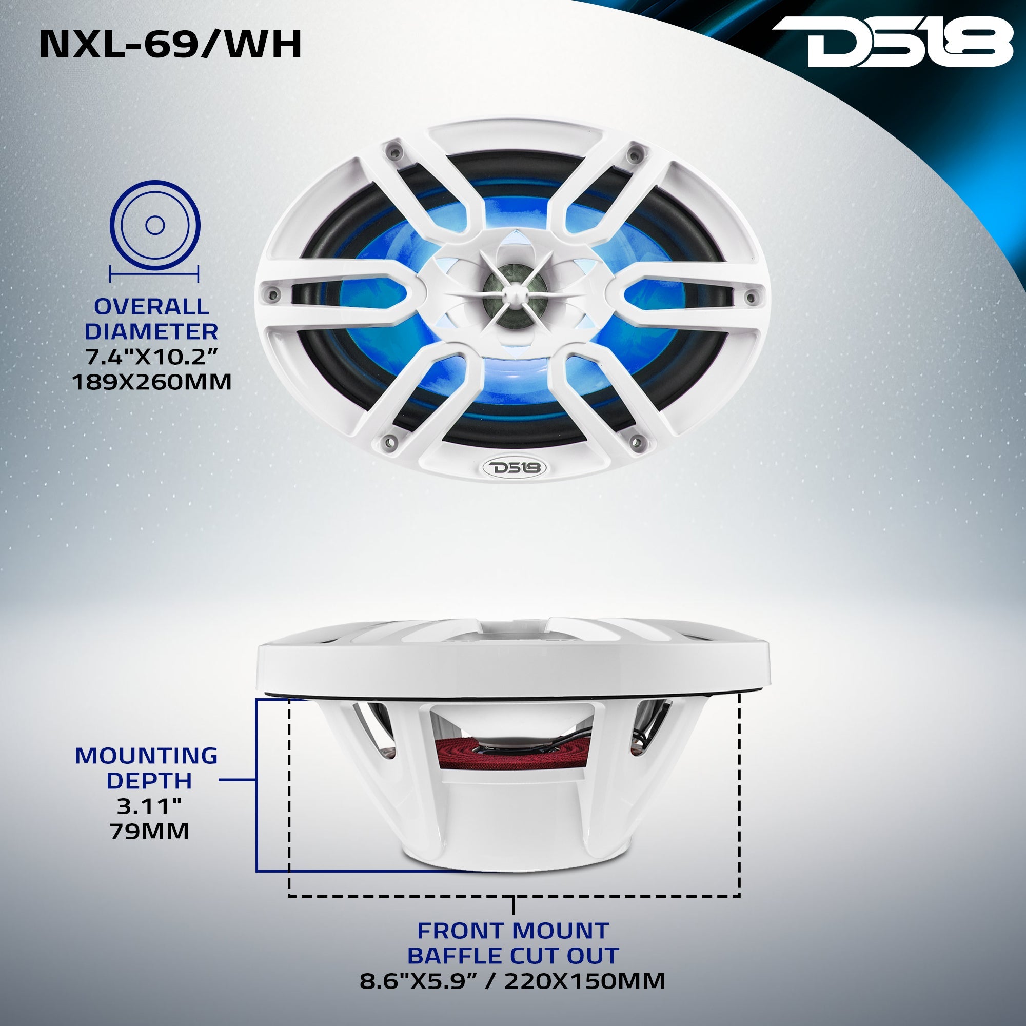 DS18 HYDRO 6 x 9" 2-Way Marine Speakers with Integrated RGB LED Lights - 375W - White (NXL-69/WH)
