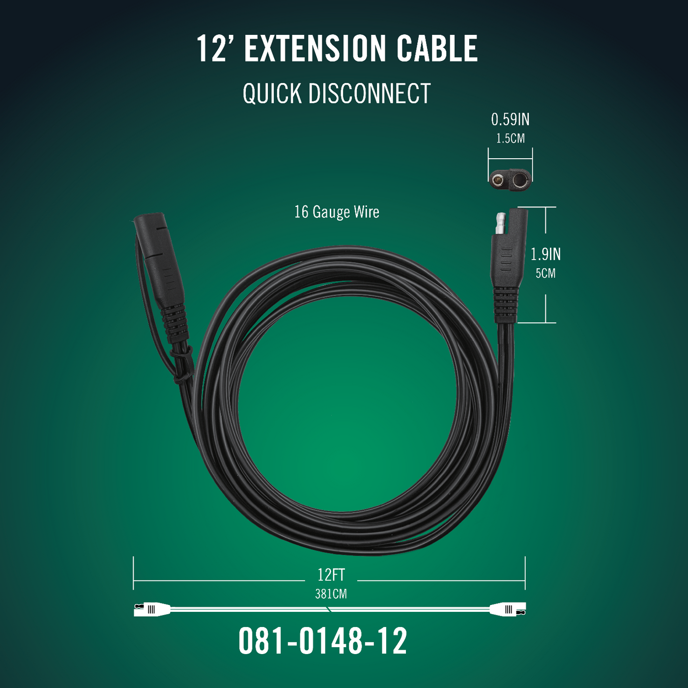 Battery Tender 12' SAE Quick Disconnect Extension Cable for Junior, Plus, or 2/4/5/10-Bank Chargers (081-0148-12)