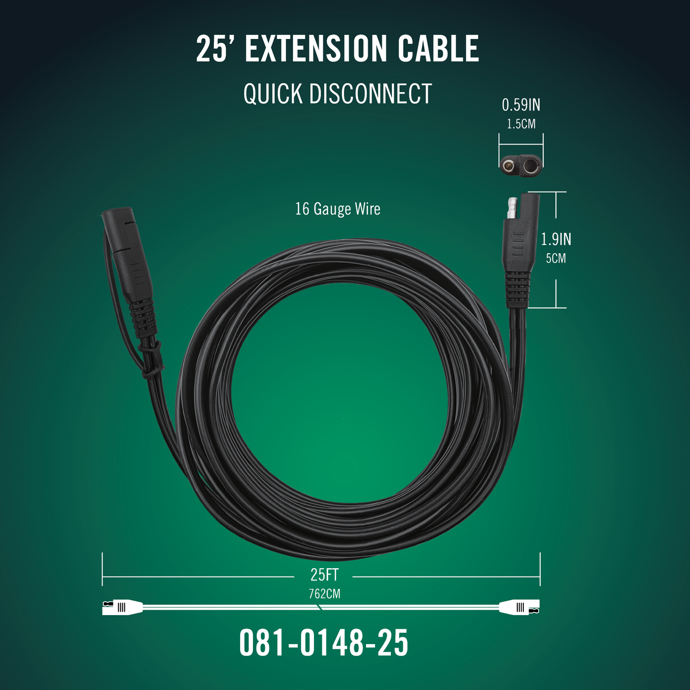 Battery Tender 25' SAE Quick Disconnect Extension Cable for Junior, Plus, or 2/4/5/10-Bank Chargers (081-0148-25)