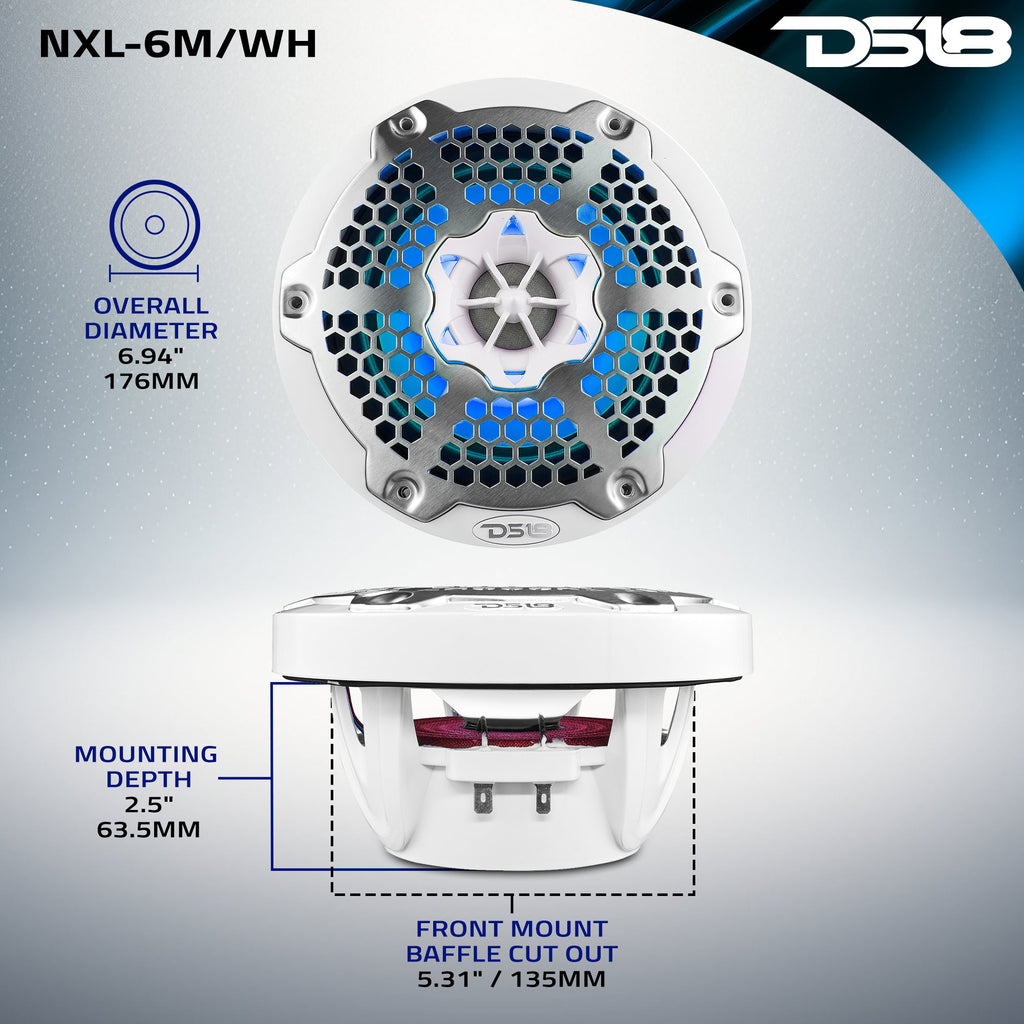 DS18 NXL-6M/WH HYDRO 6.5" 100W RMS 4-Ohm 2-Way Marine Coaxial Speakers with RGB LED Lighting, White Metal-Mesh Grilles, Pair
