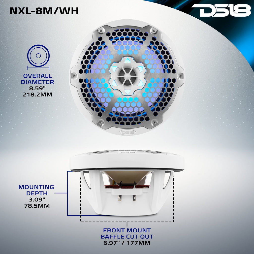 DS18 NXL-8M/WH HYDRO 8" 125W RMS 2-Way Marine Speakers with RGB LED Lighting & Stainless-Steel Mesh Grilles, White, Pair