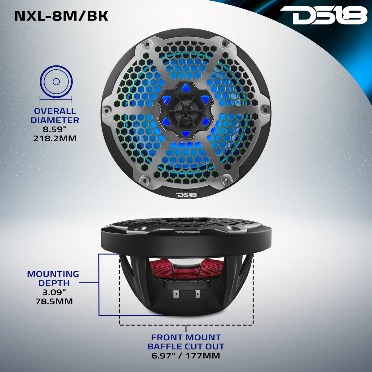 DS18 NXL-8M/BK HYDRO 8" 125W RMS 4-Ohm 2-Way Marine Coaxial Speakers with RGB LED Lighting, Black Metal-Mesh Grilles, Pair