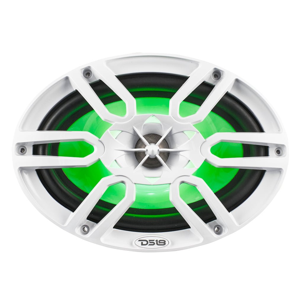 DS18 NXL-69/WH HYDRO 6 x 9" 125W RMS 4-Ohm 2-Way Marine Coaxial Speakers with RGB LED Lighting, White Composite Grilles, Pair