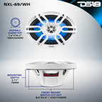 DS18 NXL-69/WH HYDRO 6 x 9" 125W RMS 4-Ohm 2-Way Marine Coaxial Speakers with RGB LED Lighting, White Composite Grilles, Pair