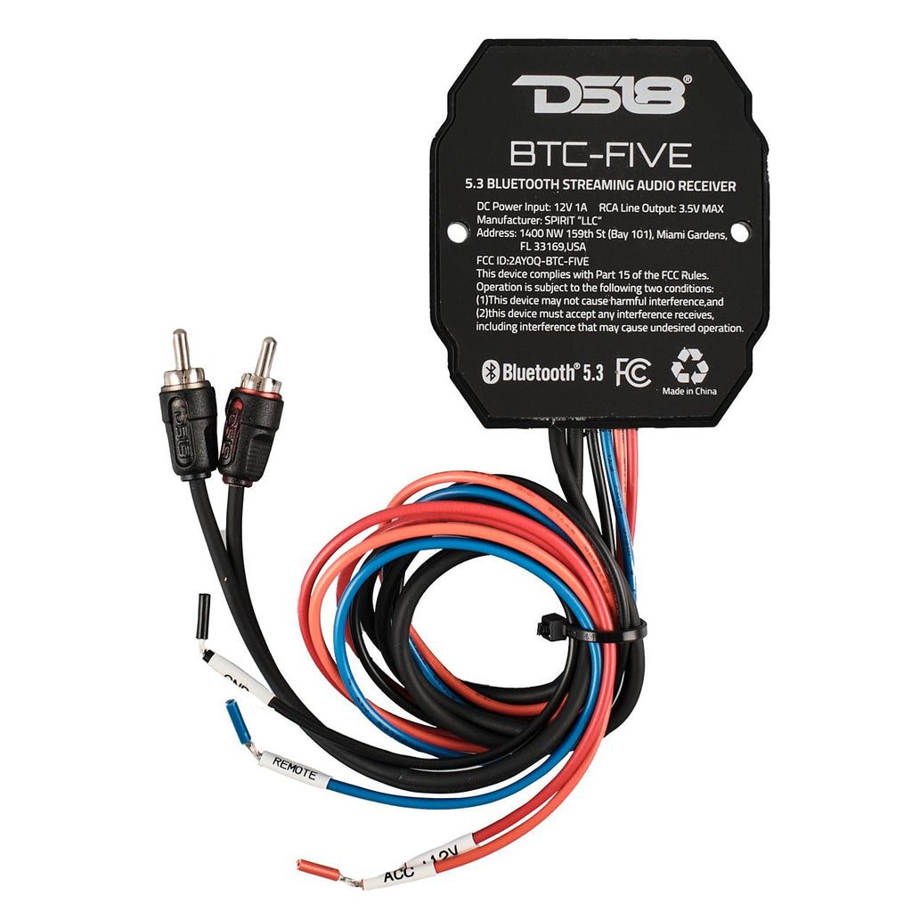 DS18 BTC-FIVE Bluetooth 5.3 Marine & Powersports Audio Receiver with 3.3V RCA Output, IP66