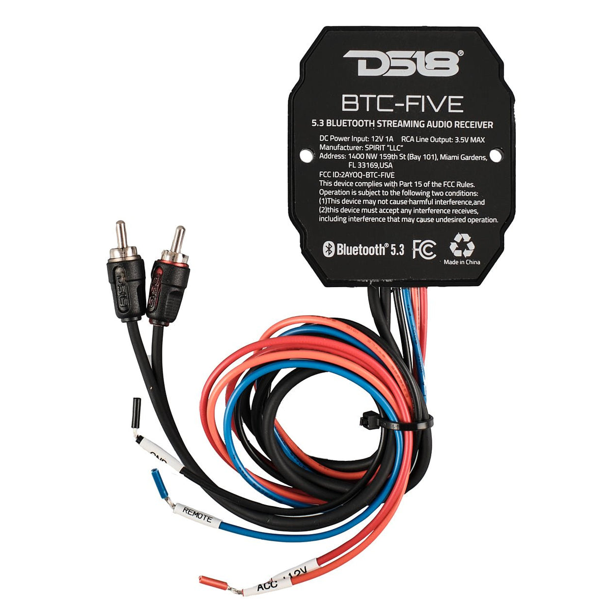 DS18 BTC-FIVE Bluetooth 5.3 Marine & Powersports Audio Receiver with 3.3V RCA Output, IP66