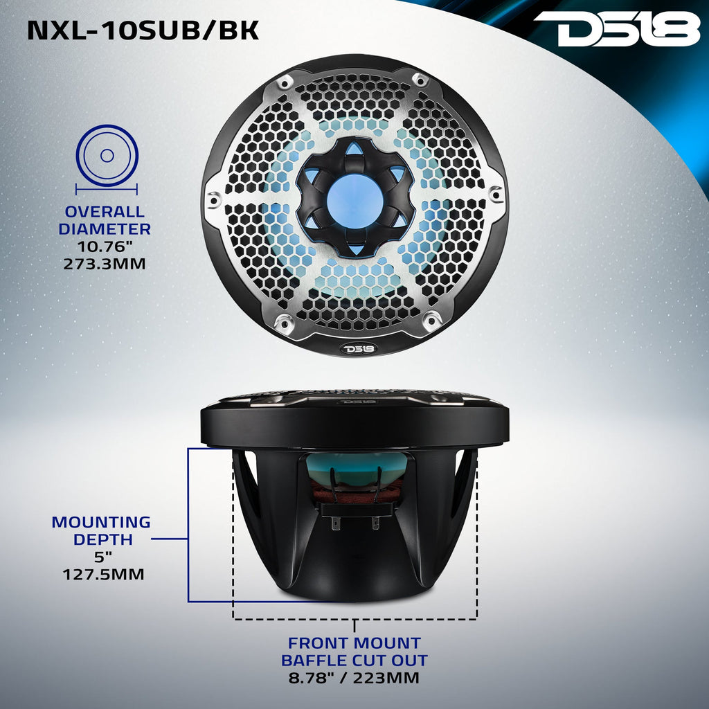 DS18 NXL-10SUB/BK HYDRO 10" 300W RMS 4-Ohm Marine Subwoofer with RGB LED Lighting, Black