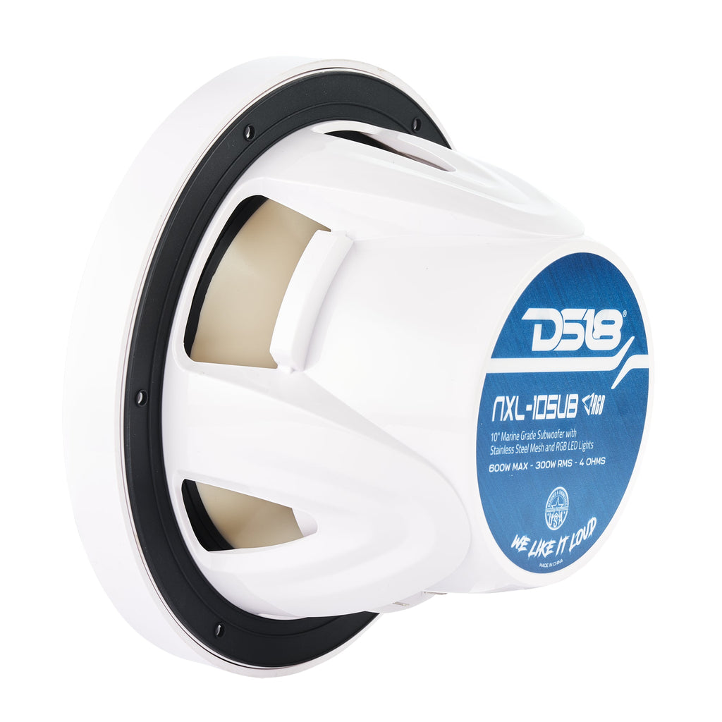 DS18 NXL-10SUB/WH HYDRO 10" 300W RMS 4-Ohm Marine Subwoofer with RGB LED Lighting, White