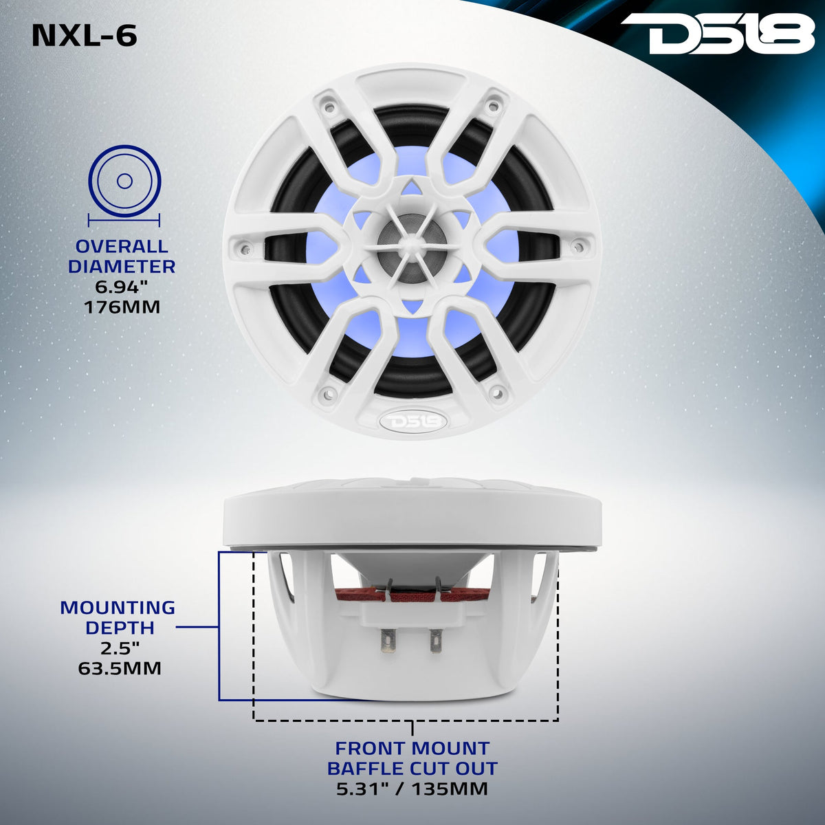 DS18 NXL-6 HYDRO 6.5" 100W RMS 4-Ohm 2-Way Marine Coaxial Speakers with RGB LED Lighting, White Composite Grilles, Pair