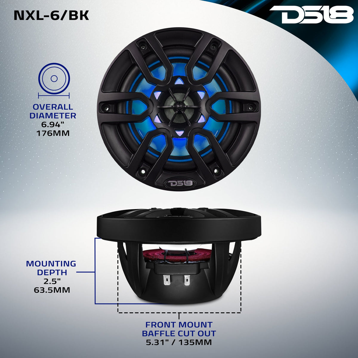 DS18 NXL-6/BK HYDRO 6.5" 100W RMS 4-Ohm 2-Way Marine Coaxial Speakers with RGB LED Lighting, Matte Black Composite Grilles, Pair