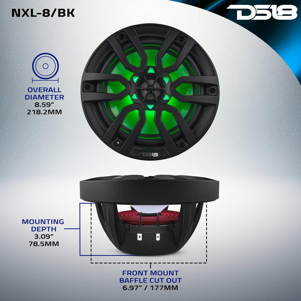 DS18 NXL-8/BK HYDRO 8" 125W RMS 4-Ohm 2-Way Marine Coaxial Speakers with RGB LED Lighting, Matte Black Composite Grilles, Pair