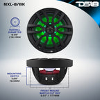 DS18 NXL-8/BK HYDRO 8" 125W RMS 4-Ohm 2-Way Marine Coaxial Speakers with RGB LED Lighting, Matte Black Composite Grilles, Pair