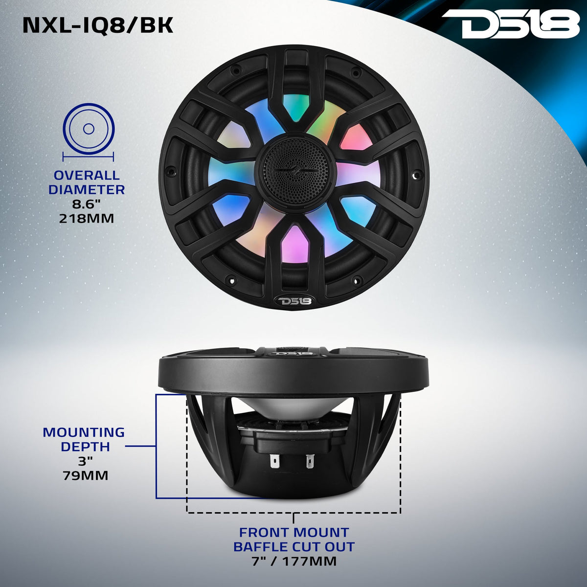 DS18 NXL-IQ8/BK HYDRO NXL-IQ 8" 175W RMS 2-Way Marine Speakers with Digital LED Lighting & Bullet Tweeters, Black, Pair