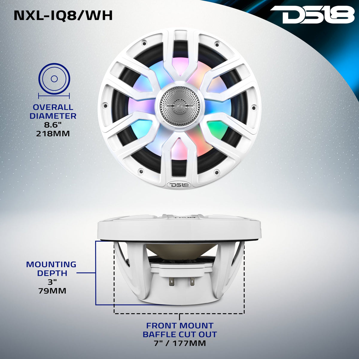DS18 NXL-IQ8/WH HYDRO NXL-IQ 8" 175W RMS 2-Way Marine Speakers with Digital LED Lighting & Bullet Tweeters, White, Pair