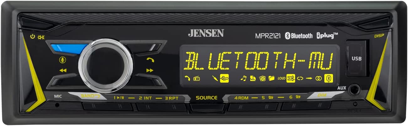 Jensen MPR2121 | 12 Character LCD Single DIN Car Stereo Receiver | RGB Custom Colors | Push to Talk Assistant | Bluetooth Hands Free Calling & Music Streaming | AM/FM Radio | USB Playback & Charging